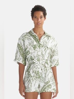 ZIMMERMANN Empire Khaki Palm Print Linen Utility Playsuit Size 0 US 4 S Org $595